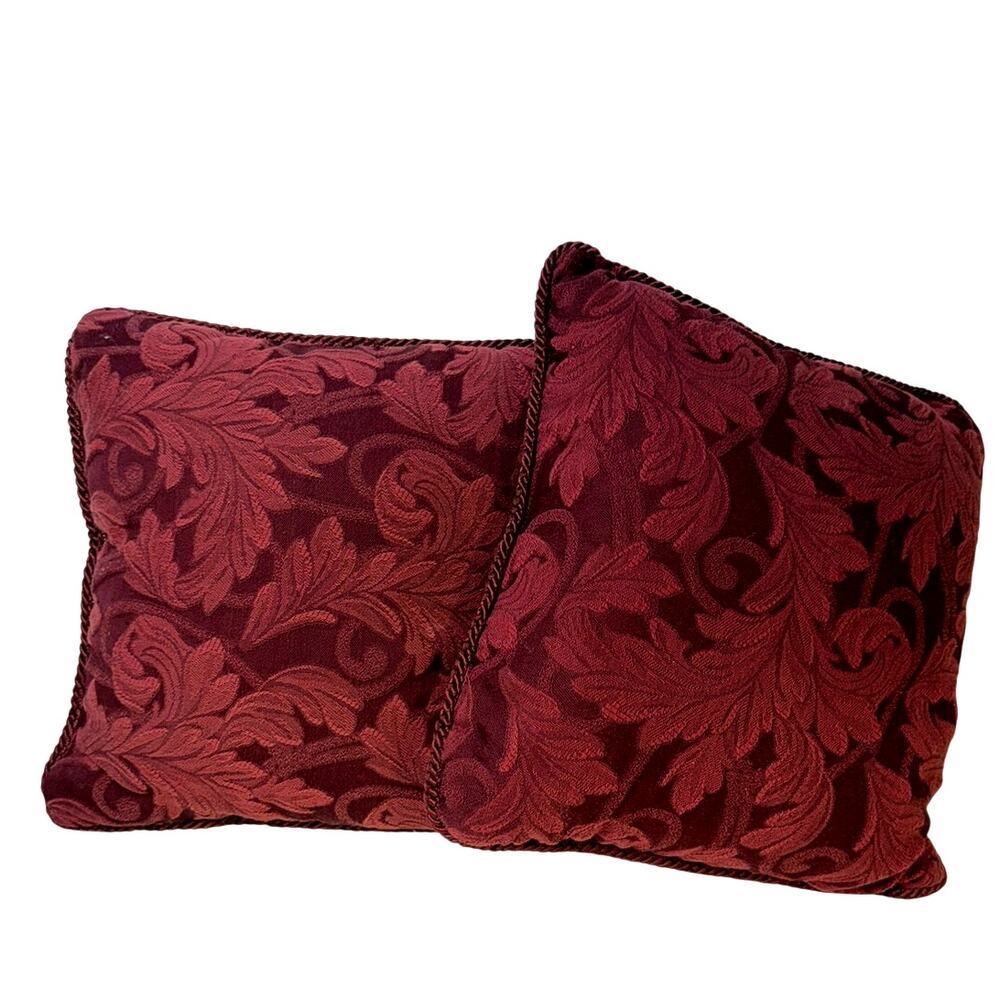 Pair Burgundy Damask Floral Throw Pillows 14x14 Cord Trim Traditional Decor